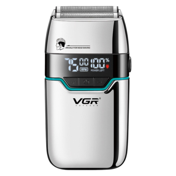 ماشین اصلاح موی صورت شارژی وی جی ار مدل V-350 با تیغه تیتانیوم، اصلاح صفر میلیمتر، باتری لیتیومی 1200 میلیآمپر، نمایشگر LED و قابلیت استفاده خشک و مرطوب