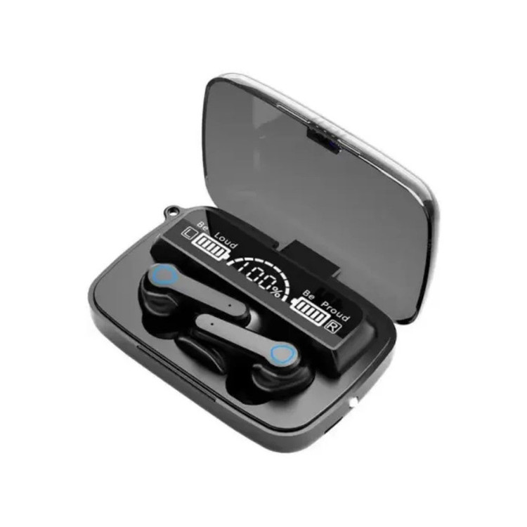 هدغون بلوتوثی مدل air pods m19 بدون قابلیت نویز کنسلینگ، درگاه شارژ microUSB، دارای کنترلر لمسی روی گوشیها، امکان استفاده از محفظه شارژ به عنوان پاور بانک