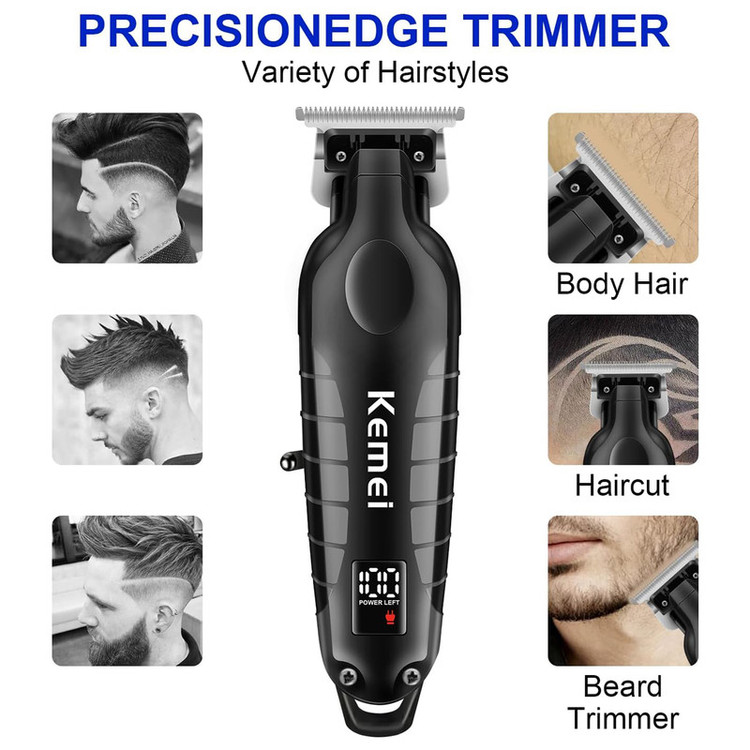 ماشین اصلاح موی سر و صورت کیمی مدل KM-2293 با تیغه کربن استیل خودتیز شونده، موتور 6000 دور در دقیقه، طراحی ارگونومیک، شانه قابل تنظیم 1 تا 3 میلیمتر و باتری 1200 میلیآمپر ساعت با شارژ و عملکرد 180 دقیقهای