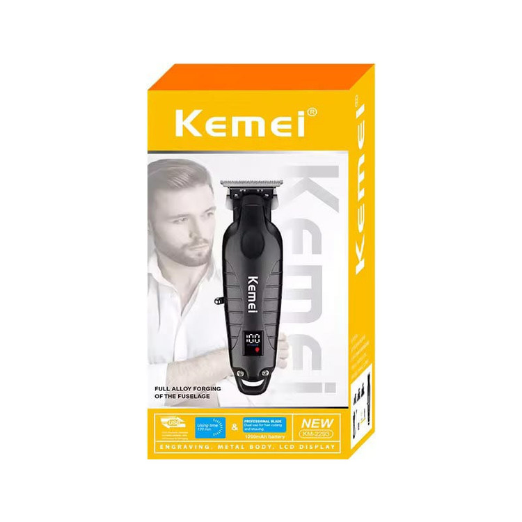 ماشین اصلاح موی سر و صورت کیمی مدل KM-2293 با تیغه کربن استیل خودتیز شونده، موتور 6000 دور در دقیقه، طراحی ارگونومیک، شانه قابل تنظیم 1 تا 3 میلیمتر و باتری 1200 میلیآمپر ساعت با شارژ و عملکرد 180 دقیقهای