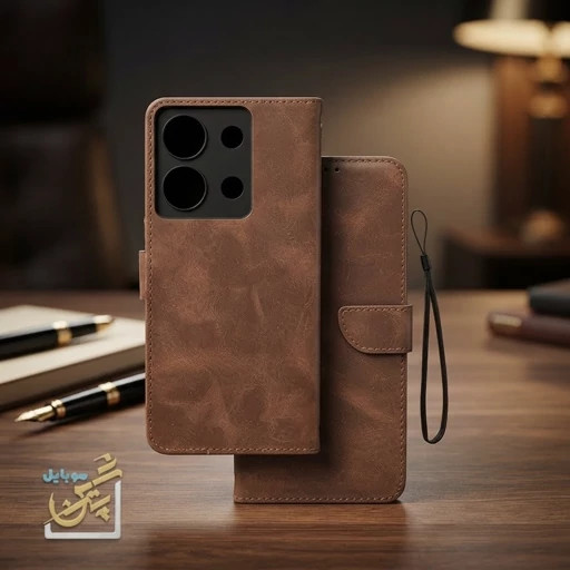 کیف کلاسوری چرمی شیائومی Redmi Note 13 Pro مدل استندشو همراه با بند مچی و جاکارتی